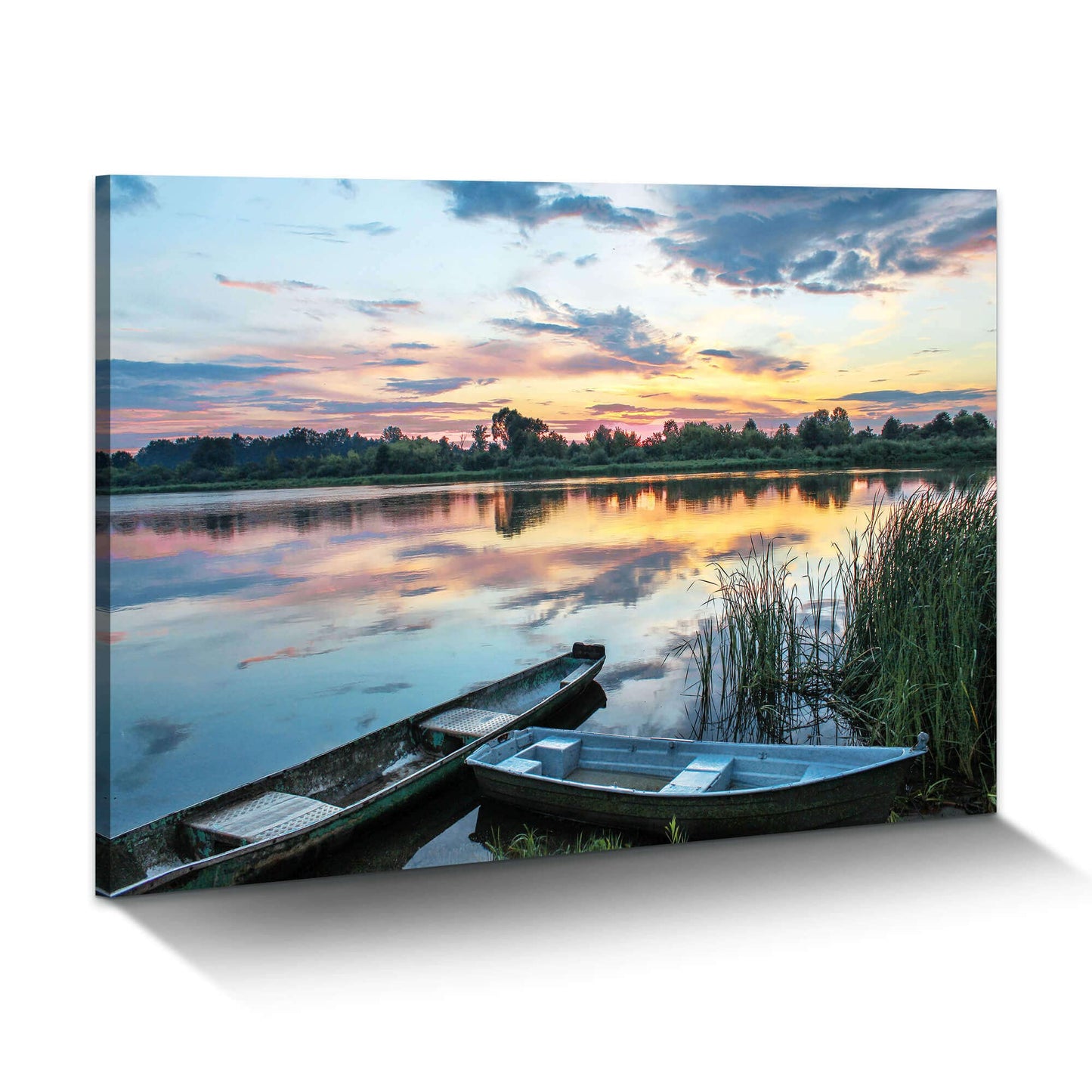 Lake Landscape Canvas Wall Art: Modern Relaxing Sunset Skyline Painting Simple Natural Boat Reed Print Wilderness Clear Calming Water Scenery Picture Green Forest View Gallery Artwork for Bedroom