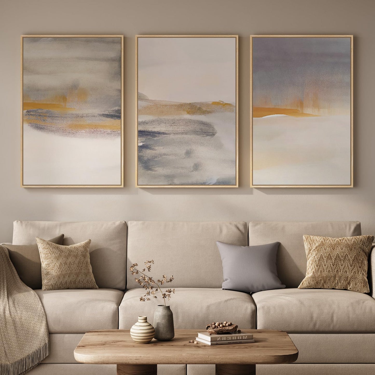 Framed Large Neutral Abstract Wall Art, Set of 3 Canvas Modern Prints Paintings, Minimalist Landscape Beige Gray Picture Artwork Decor for Living Room Bedroom Office 24x36 Inch