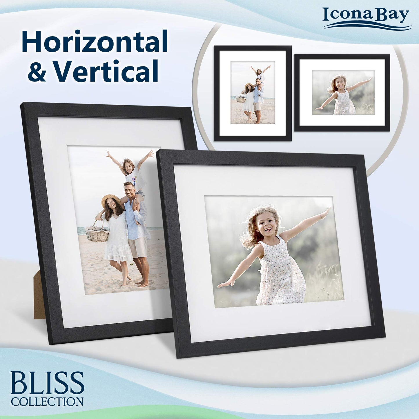 Icona Bay - 8x10 Picture Frames with Removable Mat for 5x7 Photos - Black, 5 Pack - Modern Style Engineered Wood Frames - Table Top or Wall Mount - Bliss Collection