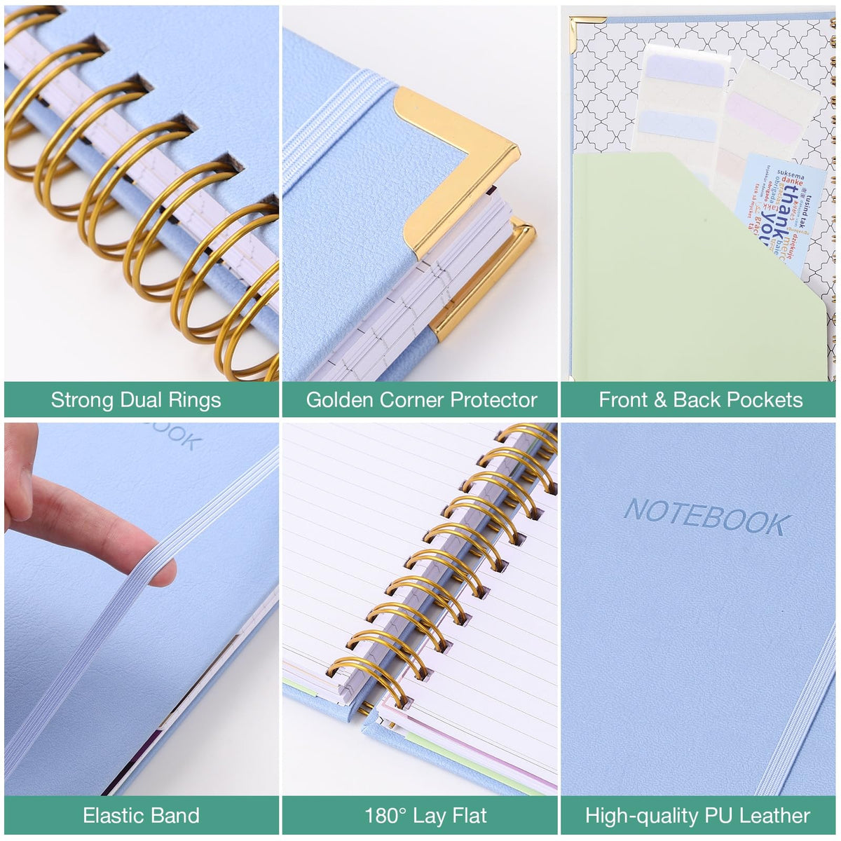 College Ruled Notebook, Spiral Notebook, Leather Hardcover Notebook Journal for Women Men, 5 Subject Notebook with Dividers, Journaling Notebooks for Work School, B5 Lined Notebook, 8" x 10", Pink