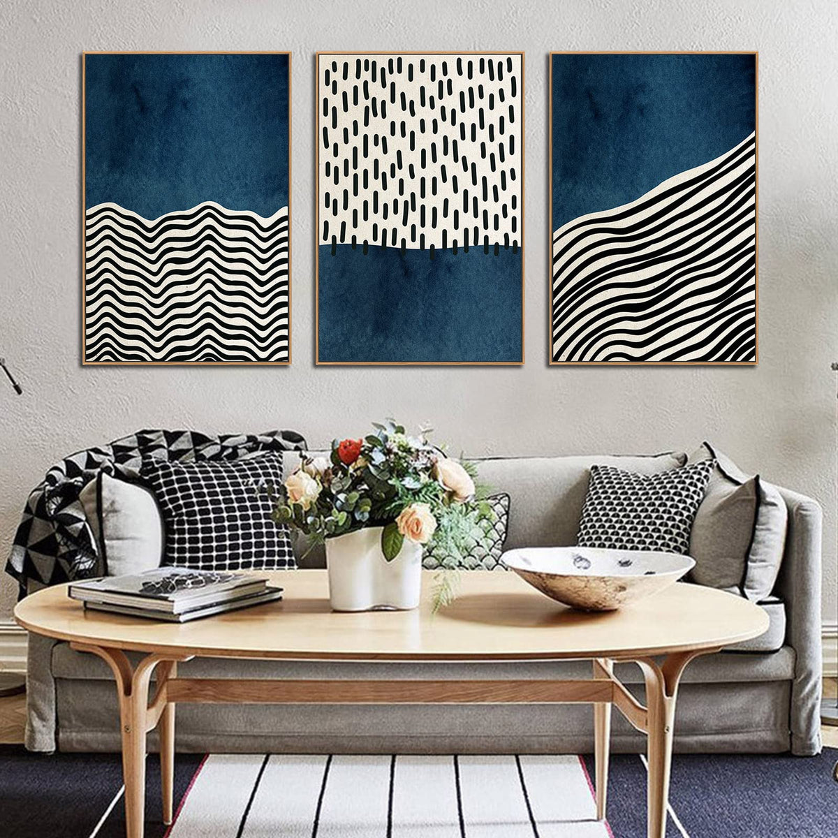 Framed Wall Art Canvas Set Mid Century Boho Picture Modern Abstract Geometric Lines Wall Decor Minimalist Black Indigo Canvas Painting Artwork Living Room Bedroom Home Office 24"x36"x3 Natural