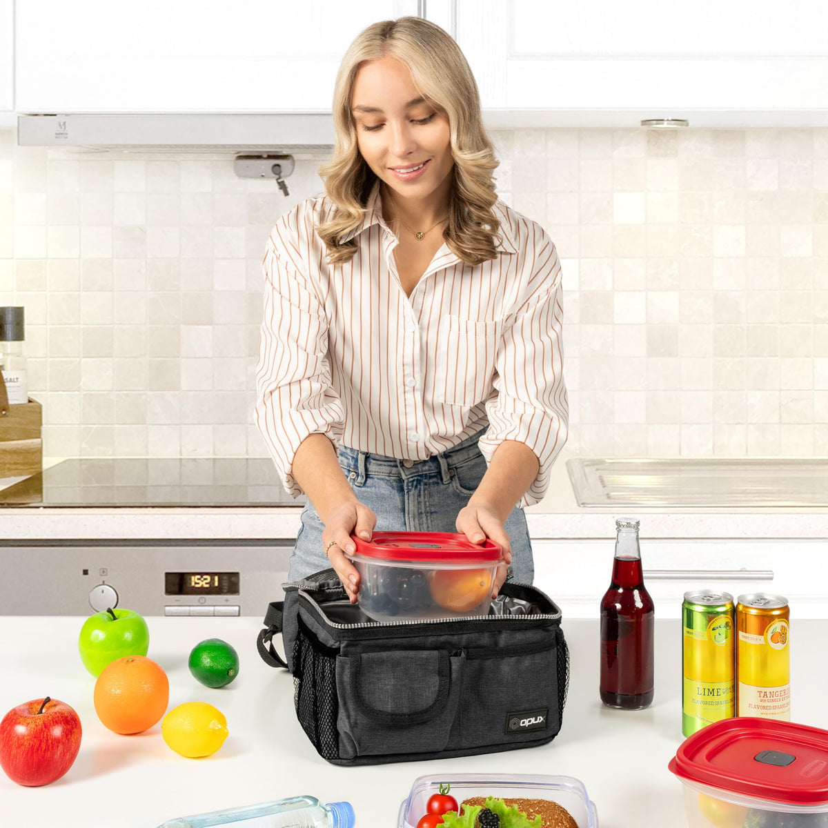 opux Insulated Lunch Bag Women Men, Dual Compartment Leakproof Lunch Box Adults Kids, Double Decker Meal Prep Bento Lunch Cooler Tote with Shoulder Strap for Work Office School Travel, Dark Gray