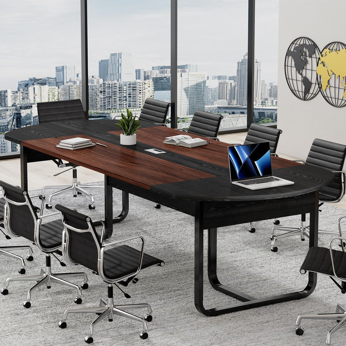 8FT Conference Table, 94.5" D x 47.3" W x 29.5" H Oval Meeting Table with Rectangle Grommet, Modern Seminar Boardroom Table for Office Conference Room (8ft, Walnut & Black)