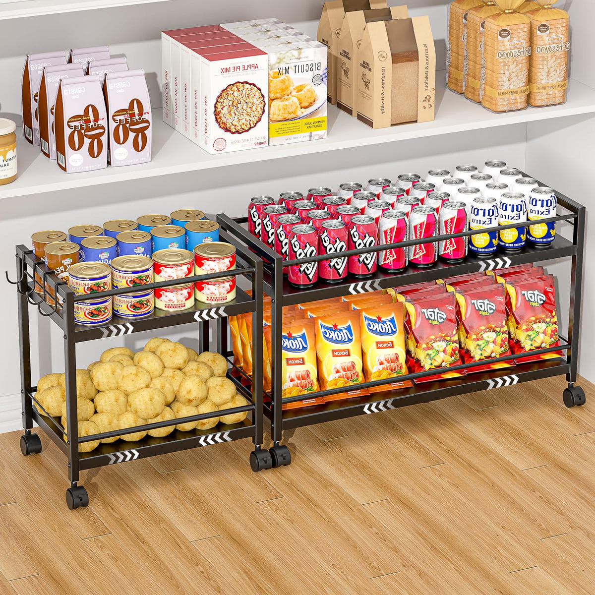 1 Pack 2-Tier Expandable Pantry Floor Organizer Cart, Rolling Pantry Storage Cart with Wheel, Adjustable Can Organizer for Kitchen Pantry, Pantry Shelves and Storage Rack for Snacks, Vegetables, Black