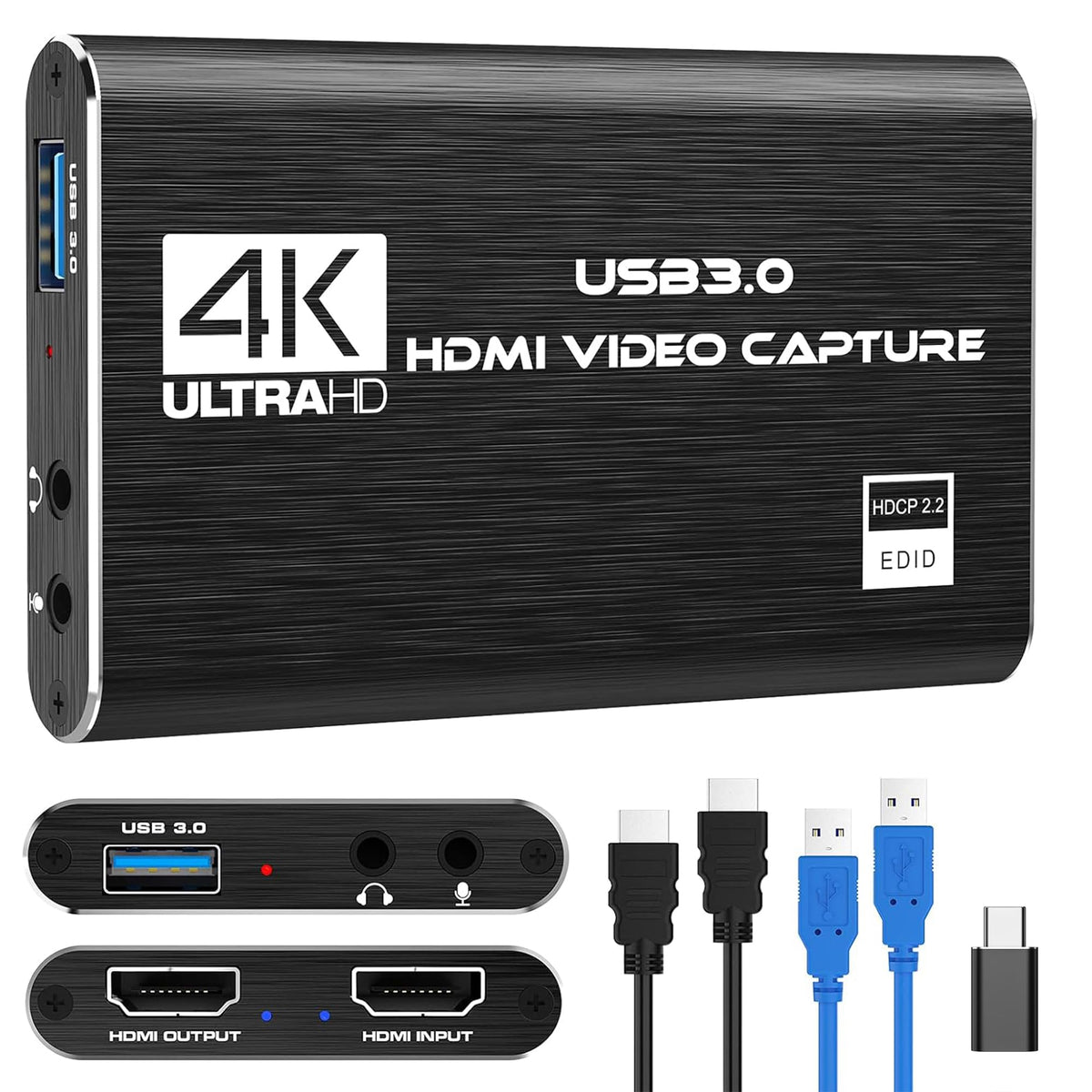 4K HDMI Capture Card for Streaming, Full HD 1080P 60FPS USB 3.0 Cam Link Game Audio Video Capture Card, Work with Camera/Nintendo Switch/Xbox/PS4/PS5/PC/OBS (Black)