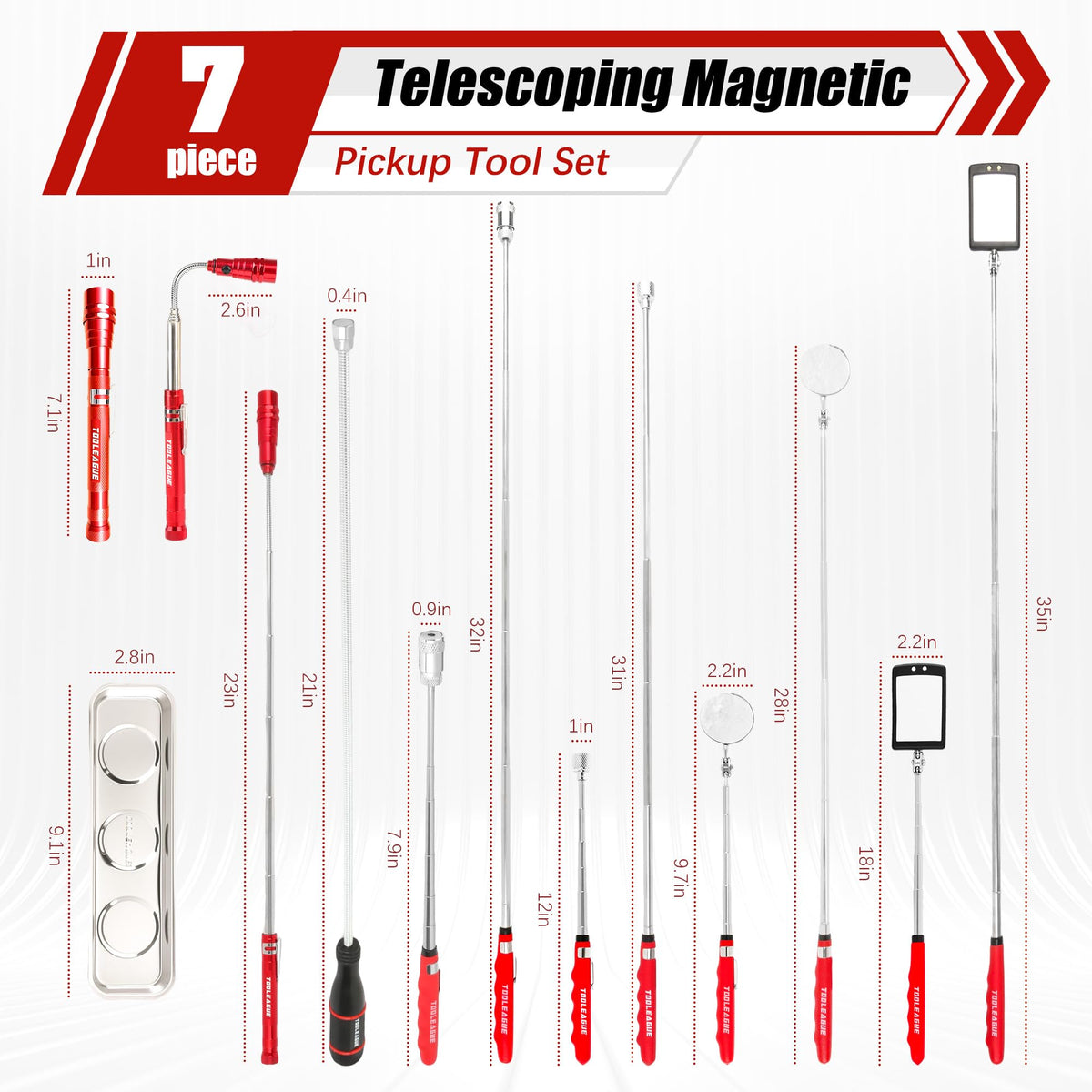 TOOLEAGUE 7Pcs Telescoping Magnetic Pickup Tool Set, Extendable LED Flashlight,Round & Square 360° Inspection Mirror for Men Mechanics, and Handymen, Red