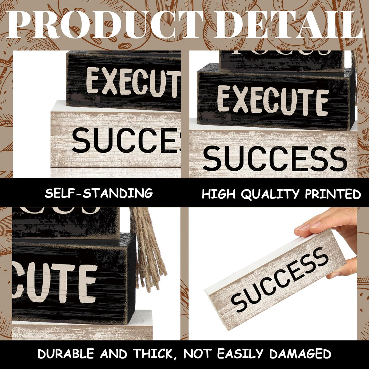 Yuntau 4 Pcs Motivational Wooden Tabletop Decor Inspirational Tiered Tray Decor Rustic Retro Wood Bead Garland Focus Execute Success Block Sign Gift Farmhouse Centerpiece for Home Shelf Mantle