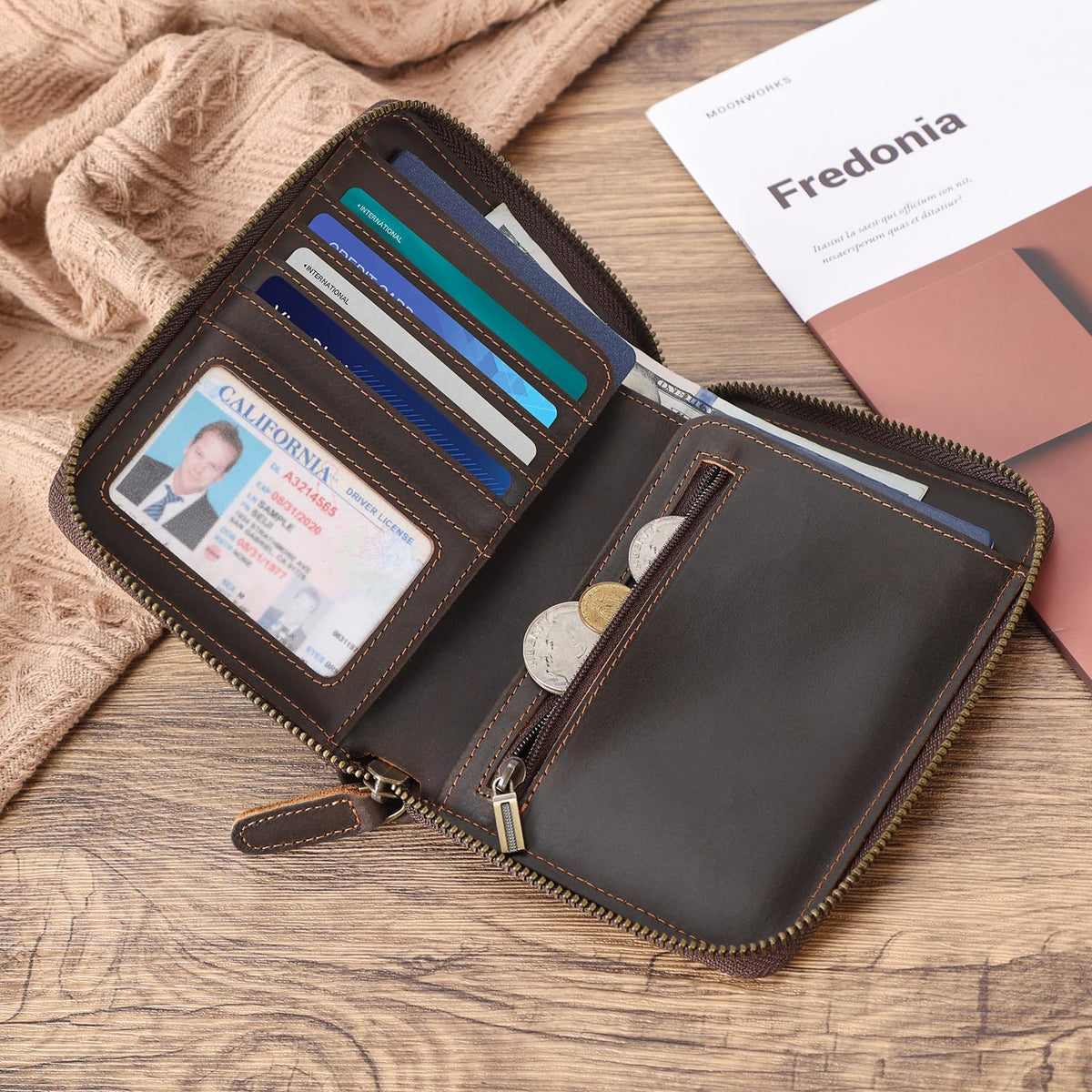 Polare Full Grain Leather Travel Passport Wallet with YKK Zipper and RFID Blocking Document Organizer Holder 2 Passports (Dark Brown)