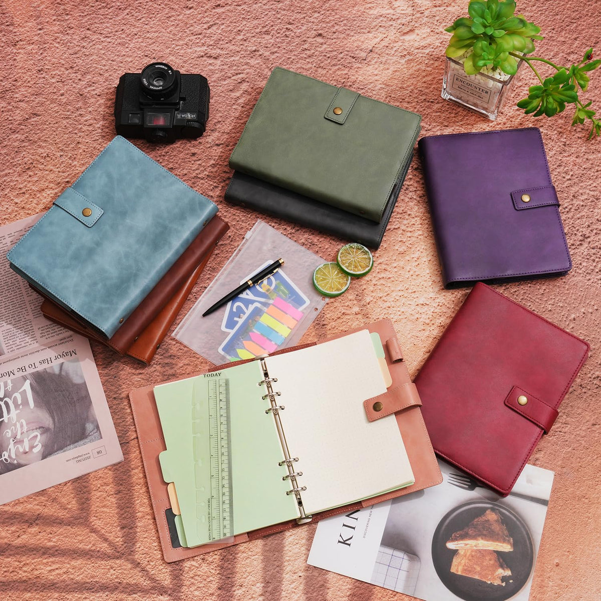 WONDERPOOL Leather Journal Dotted Paper Refillable Writing Binder Notebook - Leather Spiral Diary with Inner Organizer Pockets for Man and Woman (Purple, A6)