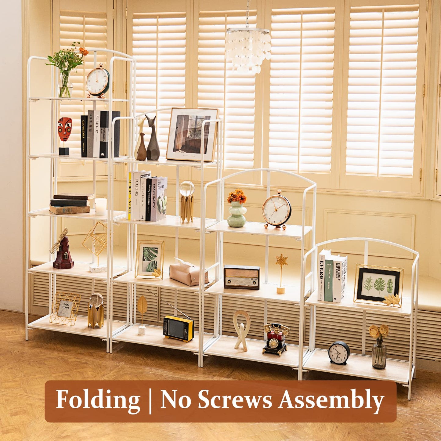 Crofy No Assembly Folding Bookshelf for Living Room, 5 Tier White Collapsible Book Shelf for Home Office, Portable Bookcase Storage Organizer