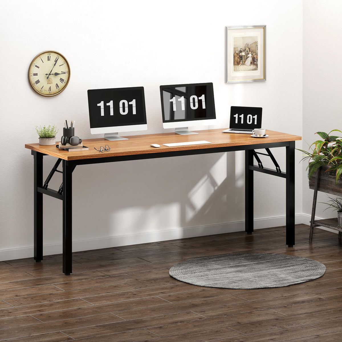 Need Folding Computer Desk, Large 60 inches Folding Table for Home Office, No Install Needed Foldable Writing Table Long Desk, Space-Saving, Teak and Black