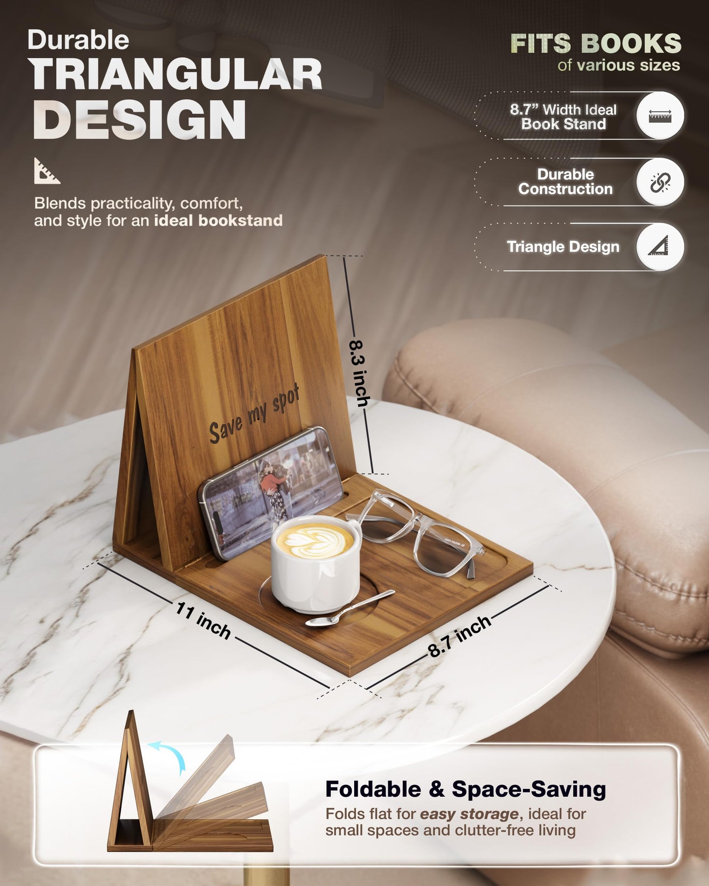 NAGAWOOD Triangle Book Holder, Book Rest, Acacia Foldable Book Nook Reading Valet, Triangle Book Stand with Cup, Pen, Glasses and Phone Holder for Bedroom, Nightstand or Office, Gifts for Book Lover