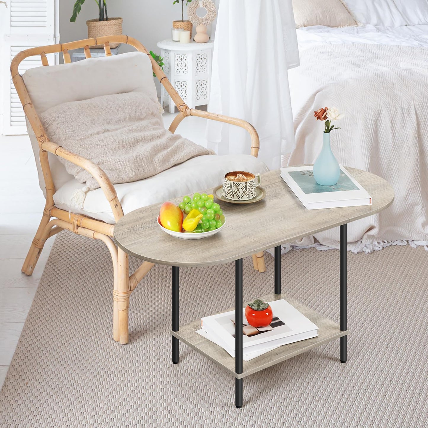 OYEAL Coffee Tables for Living Room 2-Tier Small Oval Table with Storage Shelf Mid Century Round Center Table for Display, Small Space,Home Office, Rustic Grey