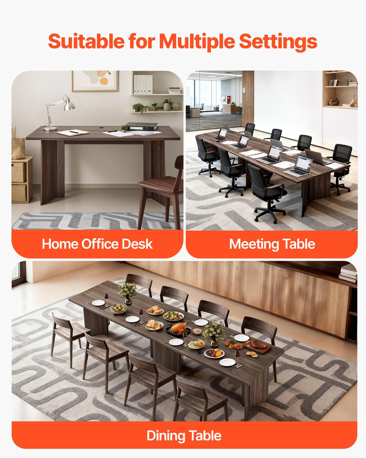 VEVOR 63 in Executive Desk, Large Modern Rectangle Office Table, Heavy Duty Wooden Executive Table with Cable Connection Hole, 250 LBS Load Capacity, Easy Assembly, for Work Study Writing, Walnut