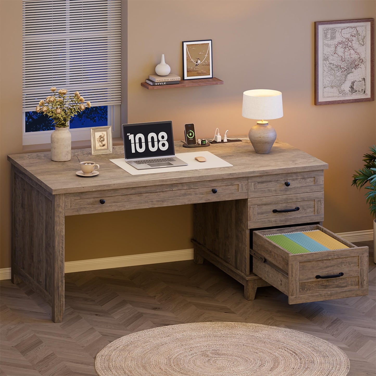 Garvee 53.5" Wooden Home Office Desk with File Drawers, Executive Desk with Power Outlet, Farmhouse Wood Desk with Storage, Distressed Study and Work Table, Rustic Grey