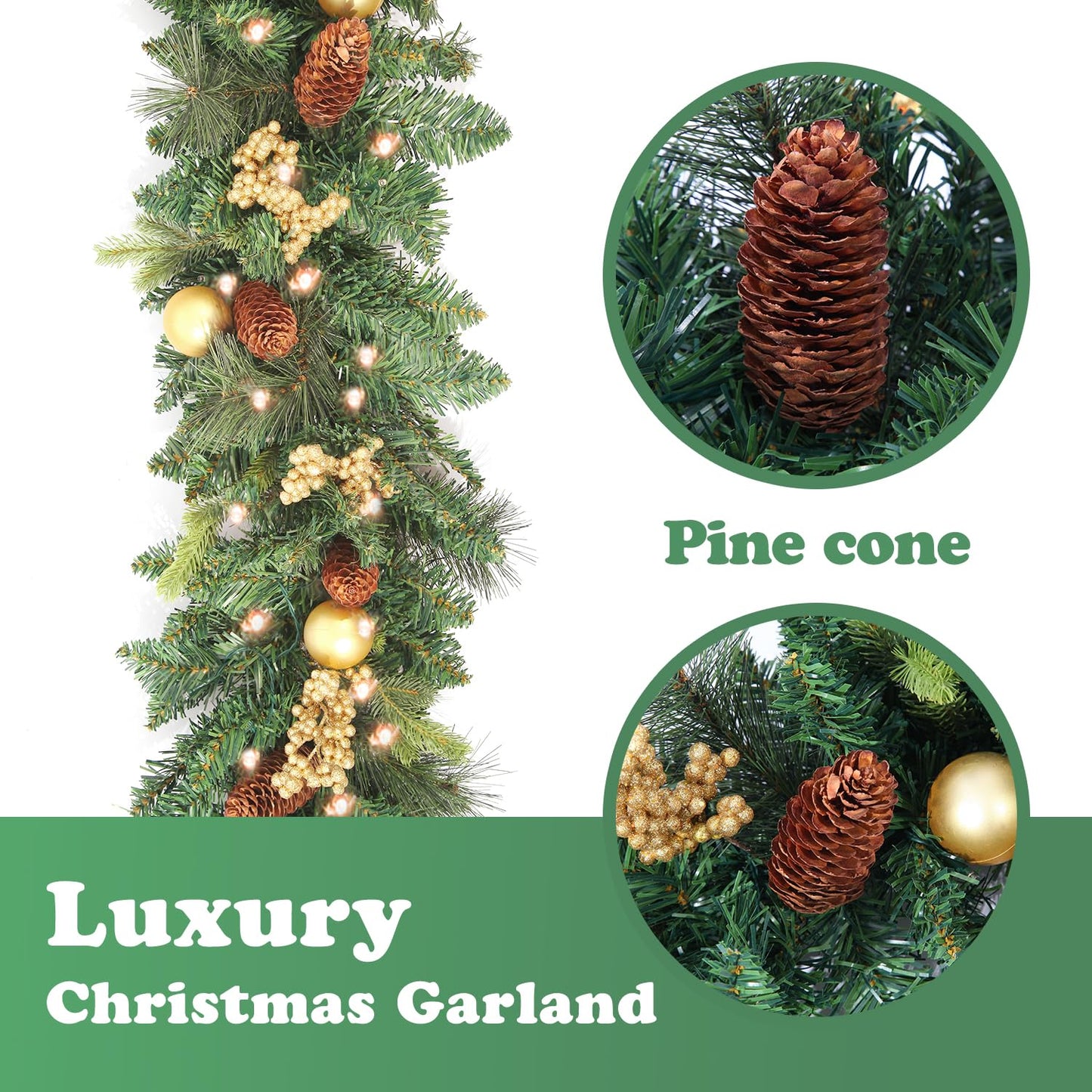 9 FT Prelit Christmas Garland Battery Operated with 50 Warm Lights, Xmas Garland Greenery Outdoor with Pine Cones and Timer, Front Door Mantle Garland Christmas Holiday Decoration Indoor