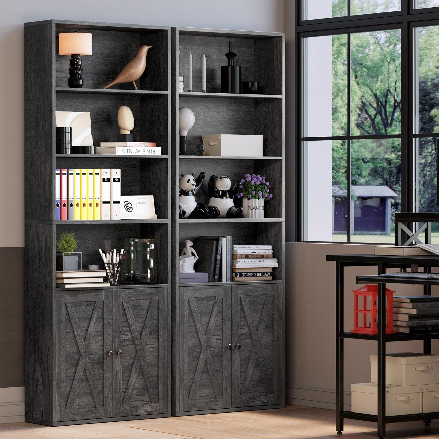 IRONCK Industrial Bookshelves and Bookcases with Doors Floor Standing 6 Shelf Display Storage Shelves 70 in Tall Bookcase for Home Office, Living Room