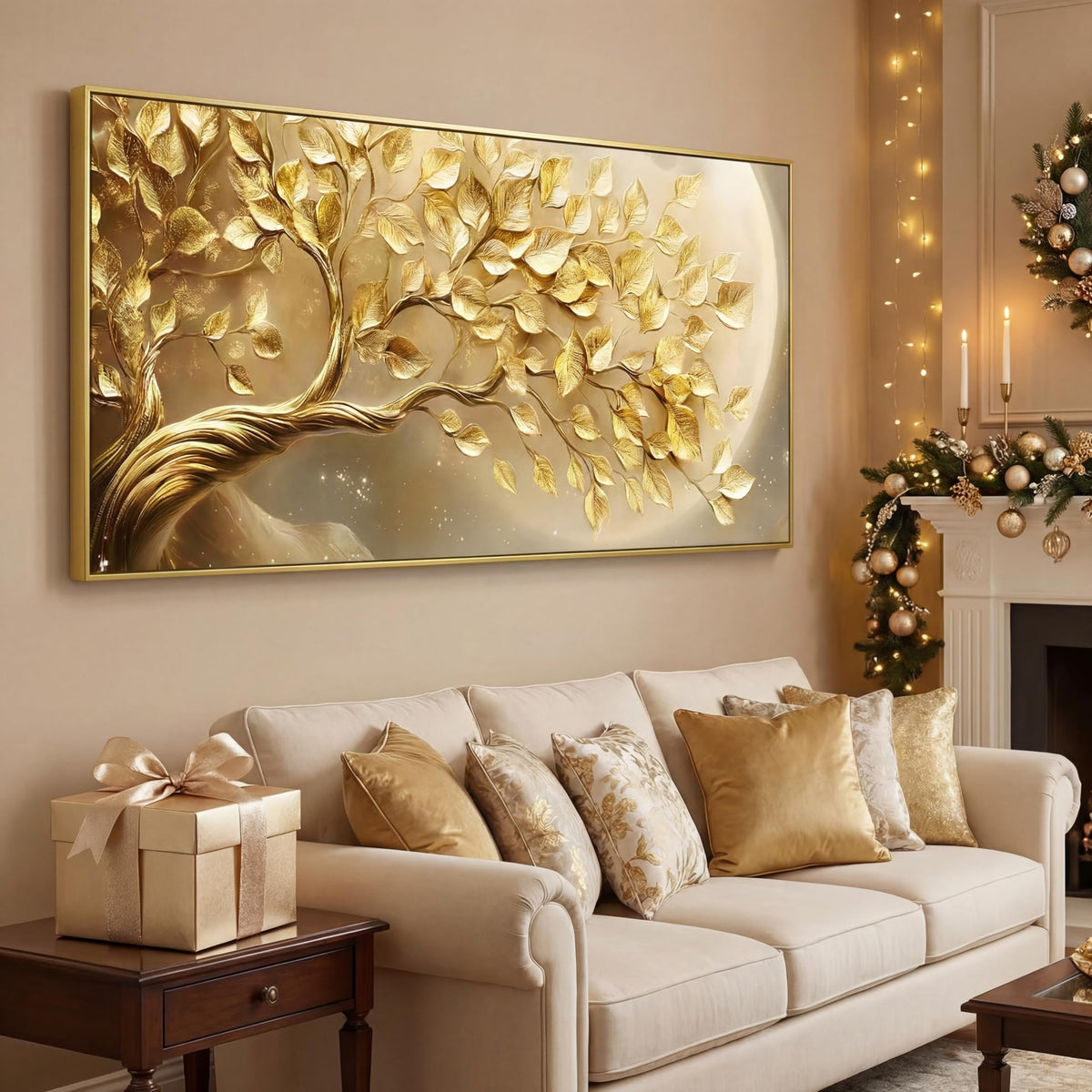 BirdSuite Gold Framed Golden Leaf Money Tree Wall Art, Luxury 3D Effect Canvas Print, Ready to Hang Wall Decor for Living Room Bedroom Office Dining Room Entryway, 58x29 Inch