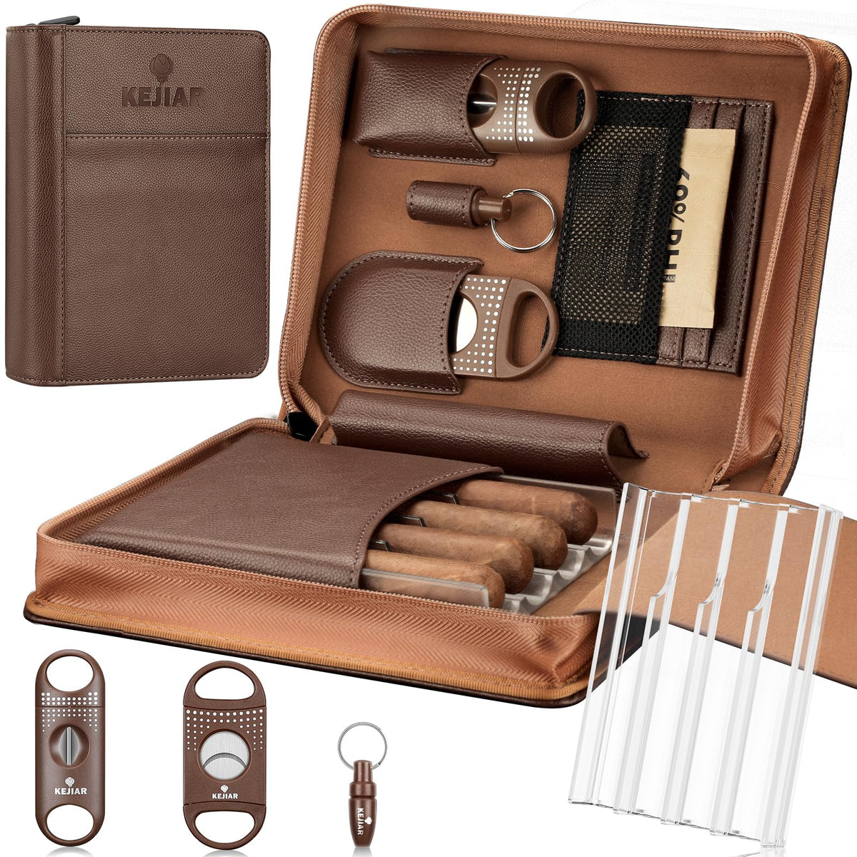 KEJIAR Cigar Humidor Case, Portable Cigar Box with Straight Cutter, V Cutter, Hole Puncher, Humidifier Packs, Travel Humidor and Cigar Accessories Gift Set Leather Cigar Case (Brown)