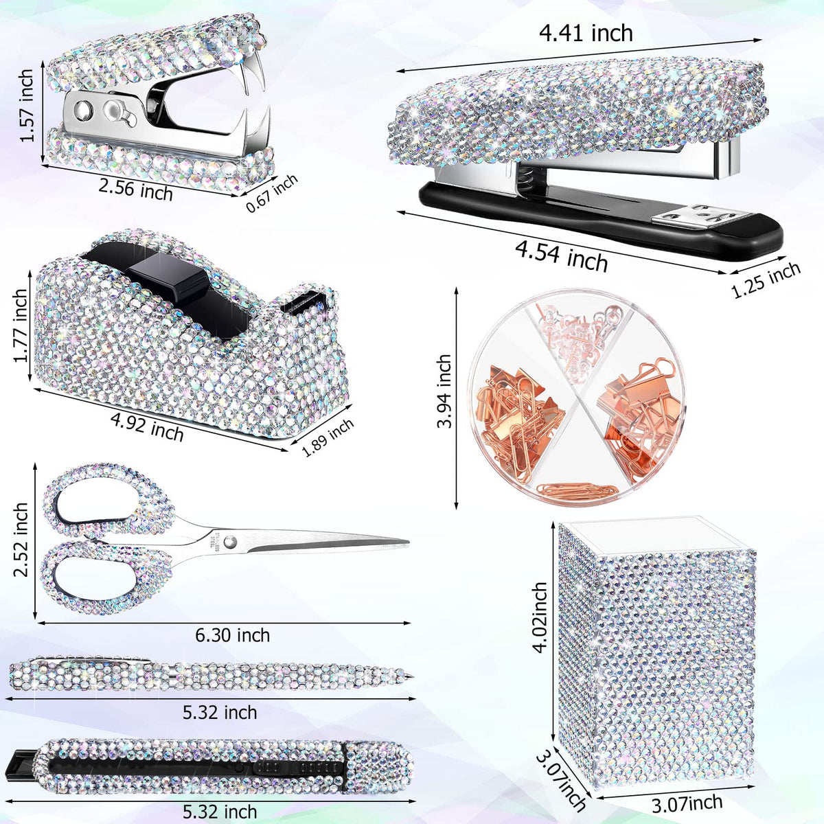 Teling 10 Pcs Bling Office Accessories for Desk Bling Crystal Office Supplies Set Desk Accessory Kit Glitter Stapler Staple Remover Tape Dispenser Diamond Pen Scissors for Women Home(Silver)