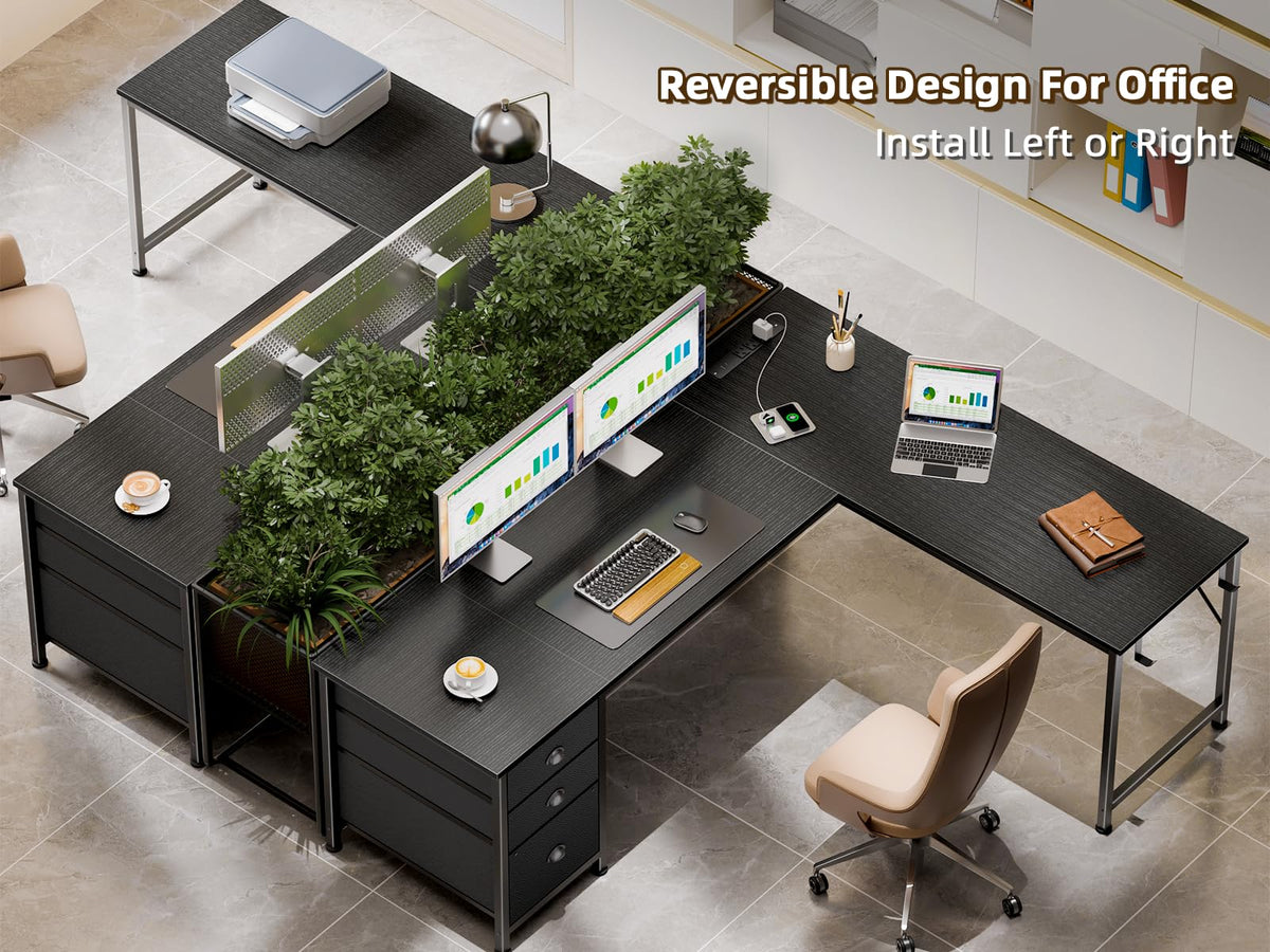 Furologee 63" L Shaped Computer Desk with Power Outlet & USB-C Port, Reversible Home Office Desk with 2 Fabric Drawers, File Cabinet, Hooks, Large Corner Table for Gaming, Writing, Work, Black