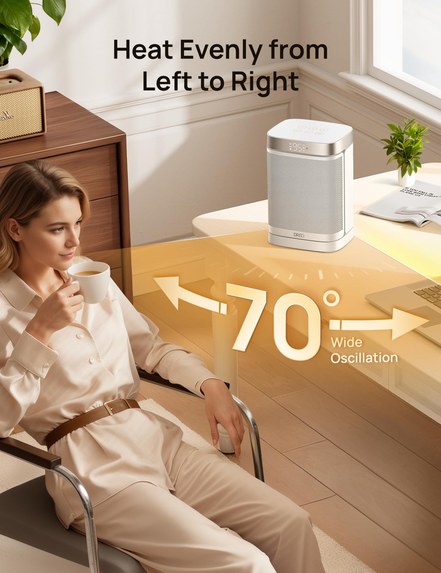 DREO Atom One Space Heater with Remote, 70°Oscillating Electric Heaters with Digital Thermostat, 1500W PTC Ceramic Heater, 12h Timer, Quiet Safety Heating, Portable Heater for Home Office