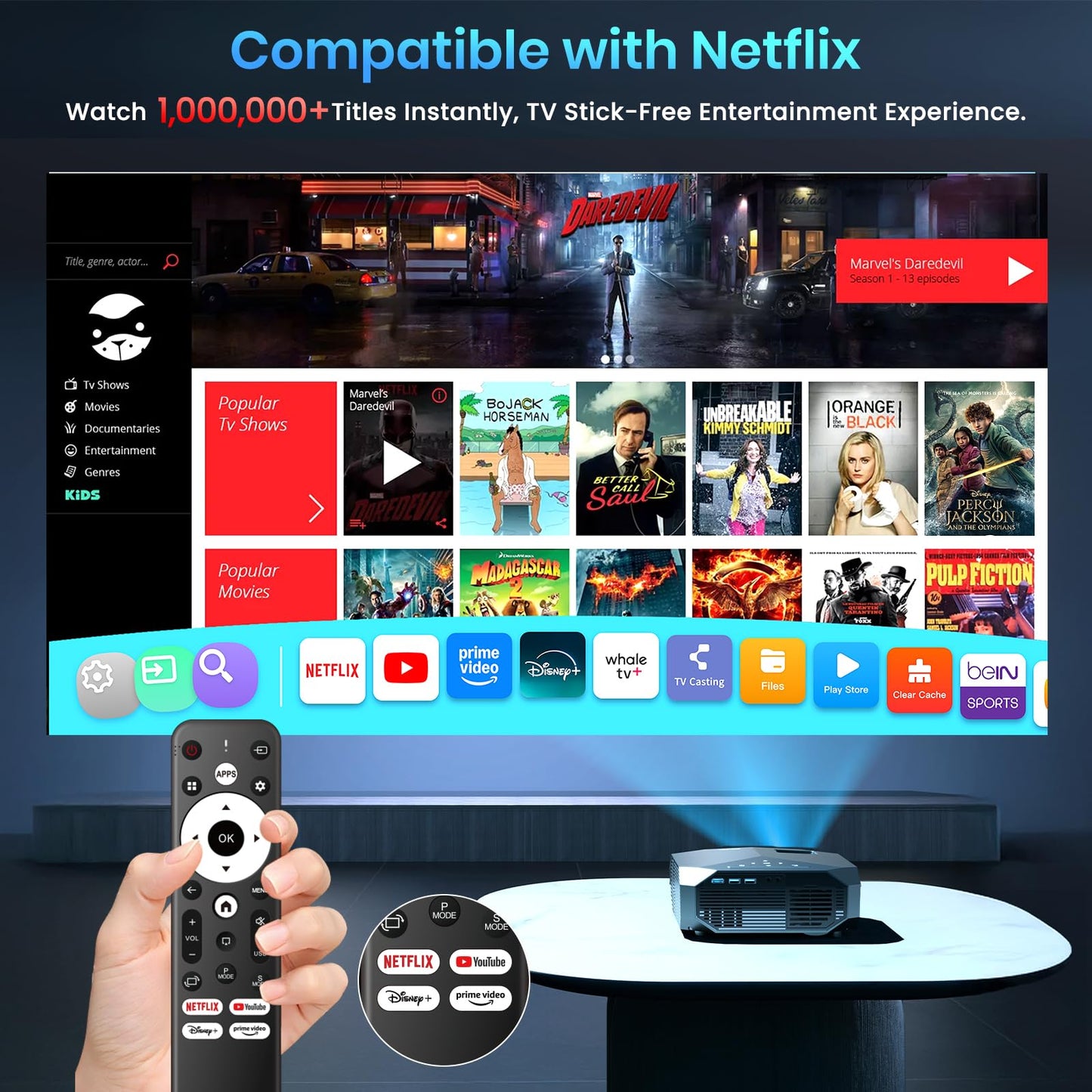 [Compatible with Netflix/High Brightness] Smart Projector with WiFi 6 and Bluetooth 5.3, 4K Outdoor Movie Projector with Prime Video/YouTube, Portable Proyector Compatible with HDMI/USB/iOS/Android