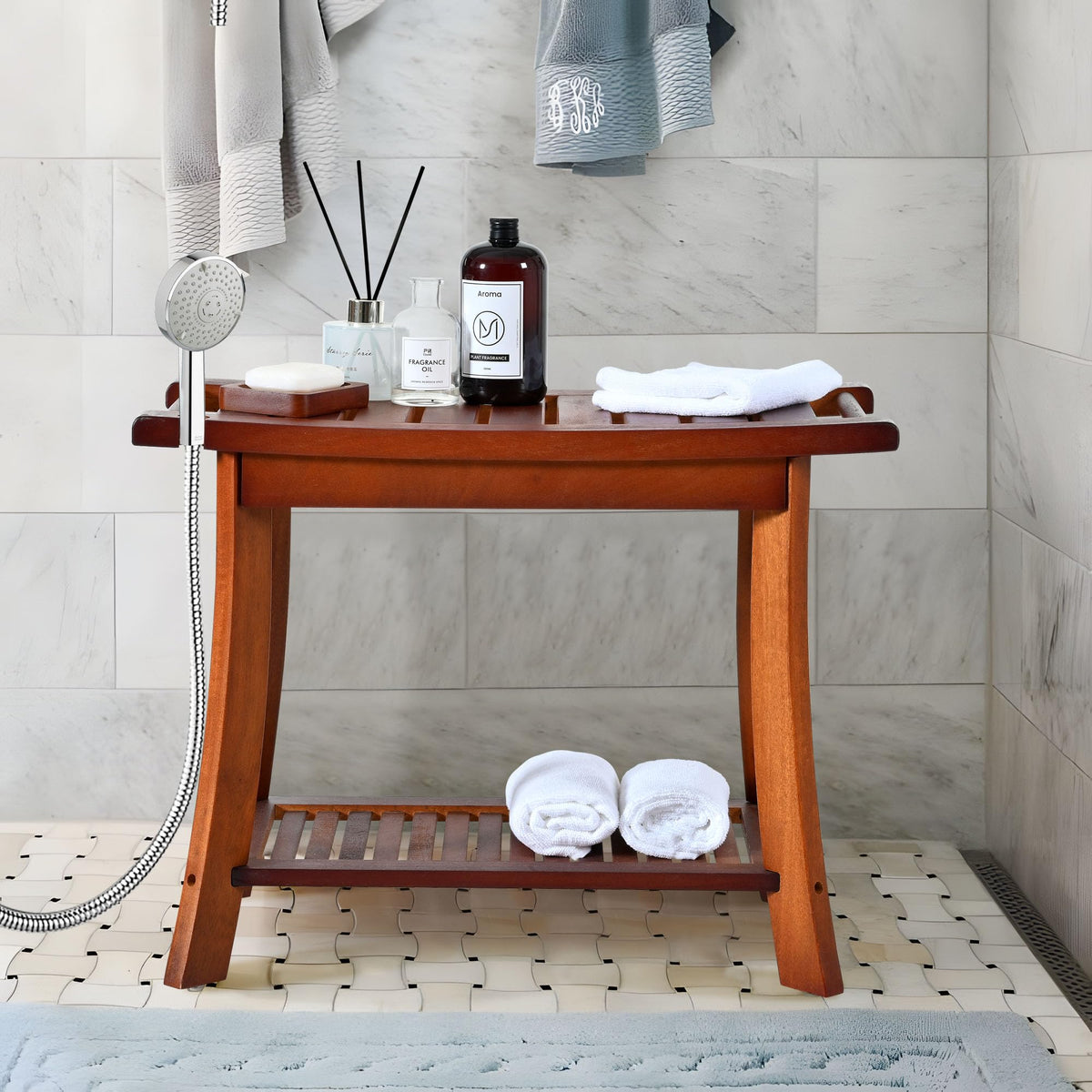 Jekruiet Teak Shower Chair Stool, 24" Shower Bench Seat, Wooden Bathroom Bench with Storage Shelf for Indoor & Outdoor Use