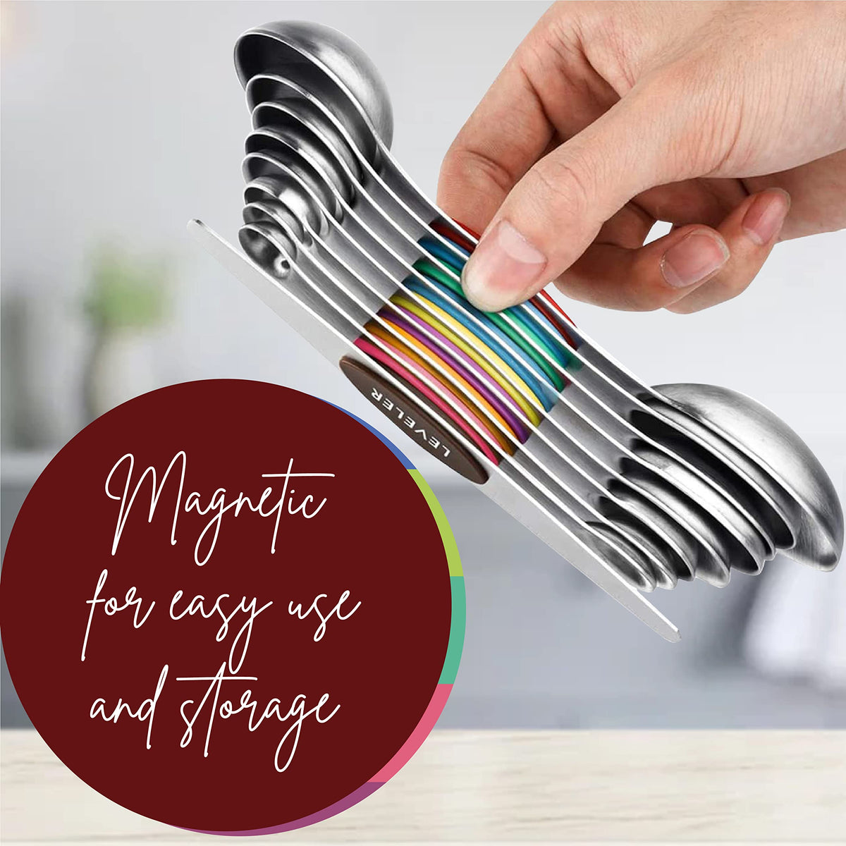 Magnetic Measuring Spoons Set of 9 Stainless Steel Dual-Sided Stackable Measuring Spoon Nesting Teaspoons Measuring Dry and Liquid Ingredients, Fits in Spice Jars Set of 9 (Multicolor)