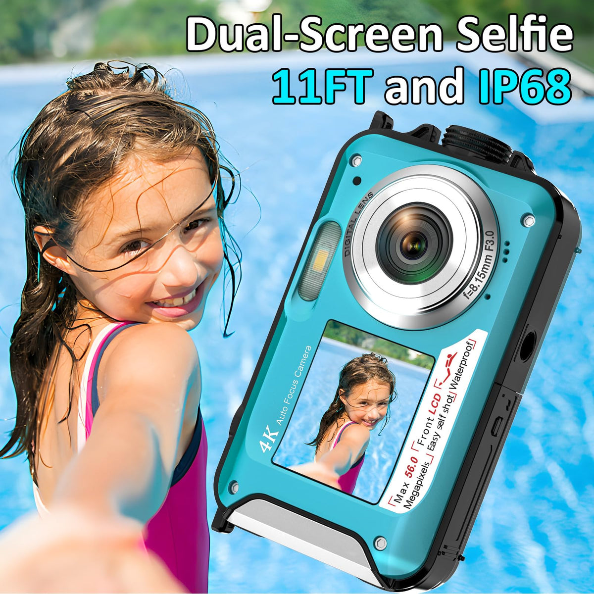 4K Underwater Camera 11FT Waterproof Camera with 32GB Card 56MP Autofocus Dual-Screen Selfie Underwater Camera for Snorkeling Waterproof Compact Floatable Digital Camera 1250mAh Battery Type-C (Blue)
