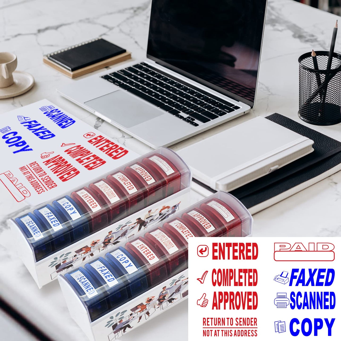 Bertiveny 8 PCS Self-Inking Rubber Stamp Set for Office Stamps Business Stamp Message Account Stamp Paper Work Text Ink Stampers Approved Paid Completed Copy Faxed Scanned Stamps with Plastic Tray