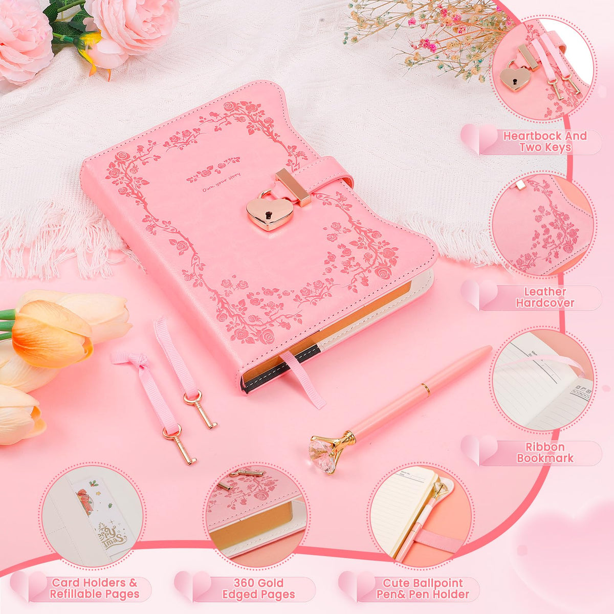 BSRBAOZY Diary with Lock and Key for Girls & Women, Heart-Shaped Locking Journal Gift Set with Diamond Pen, 360 Gilded Pages A5 Faux Leather Secret Writing Notebook for Teens Age 8-14(Garden Pink)