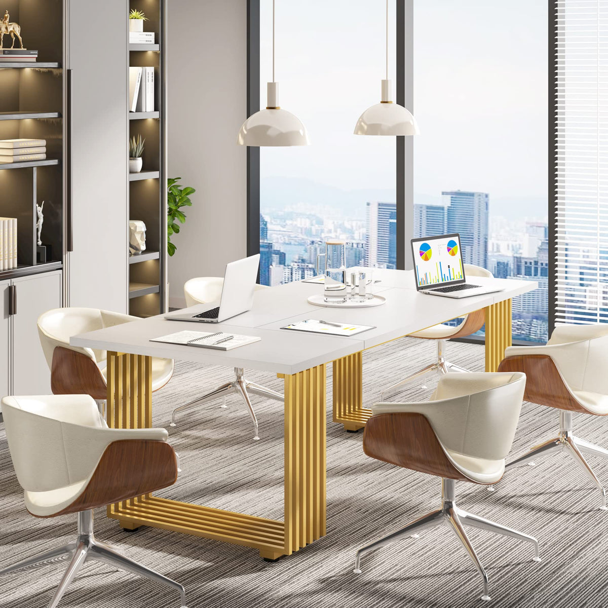 Tribesigns 70.9" Modern Office Desk, Wooden Computer Desk, White Executive Desk with Gold Metal Legs, Large Workstation for Home Office, Study Writing Desk, Small Conference Table for Meeting Room