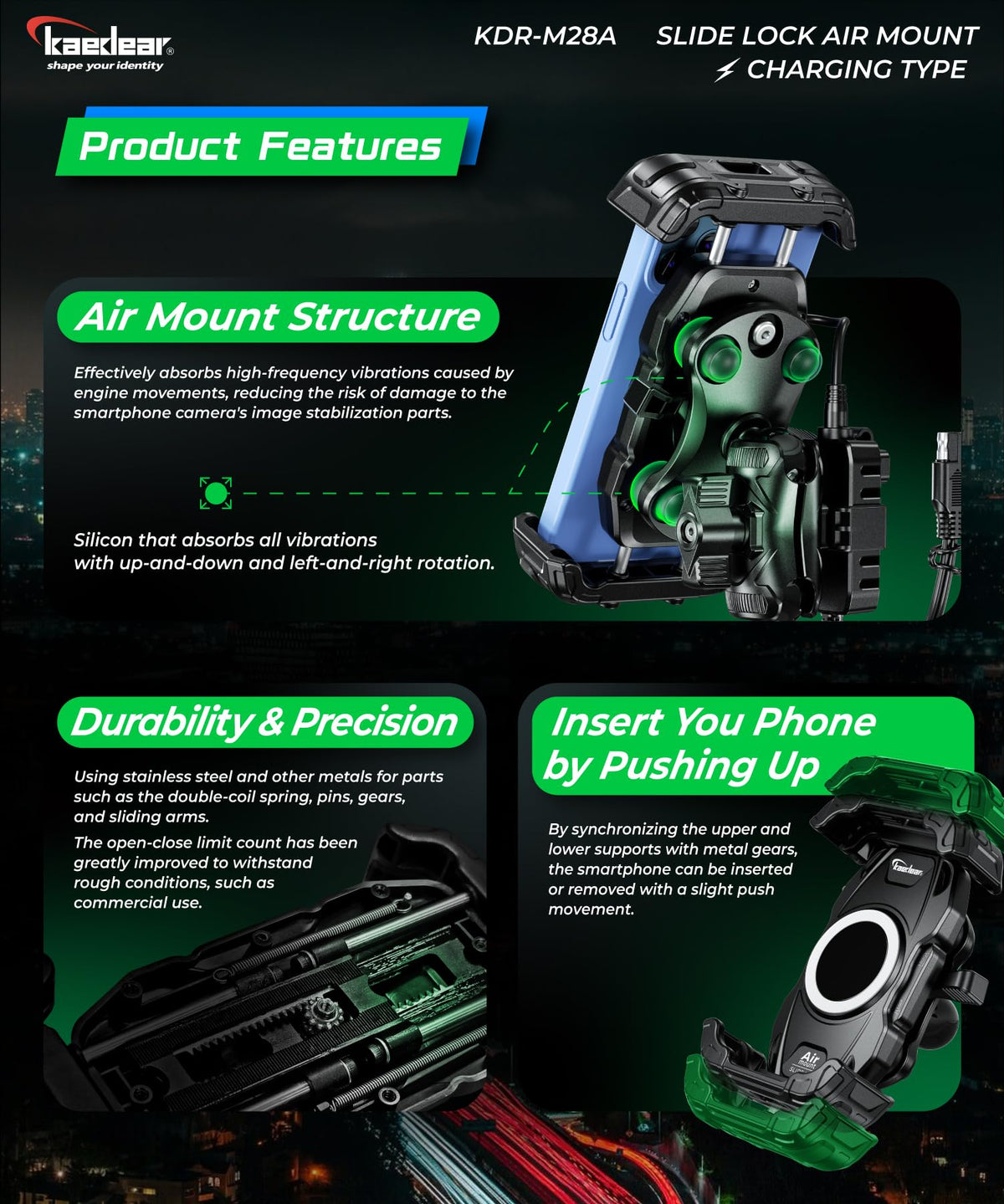 Kaedear Motorcycle Smartphone Holder, Air Mount Vibration Absorption, QI & USB Charging, Fast Wireless Charging, IP66 Waterproof, Quick Release, Locking System, Air Mount, Slide Lock KDR-M28A