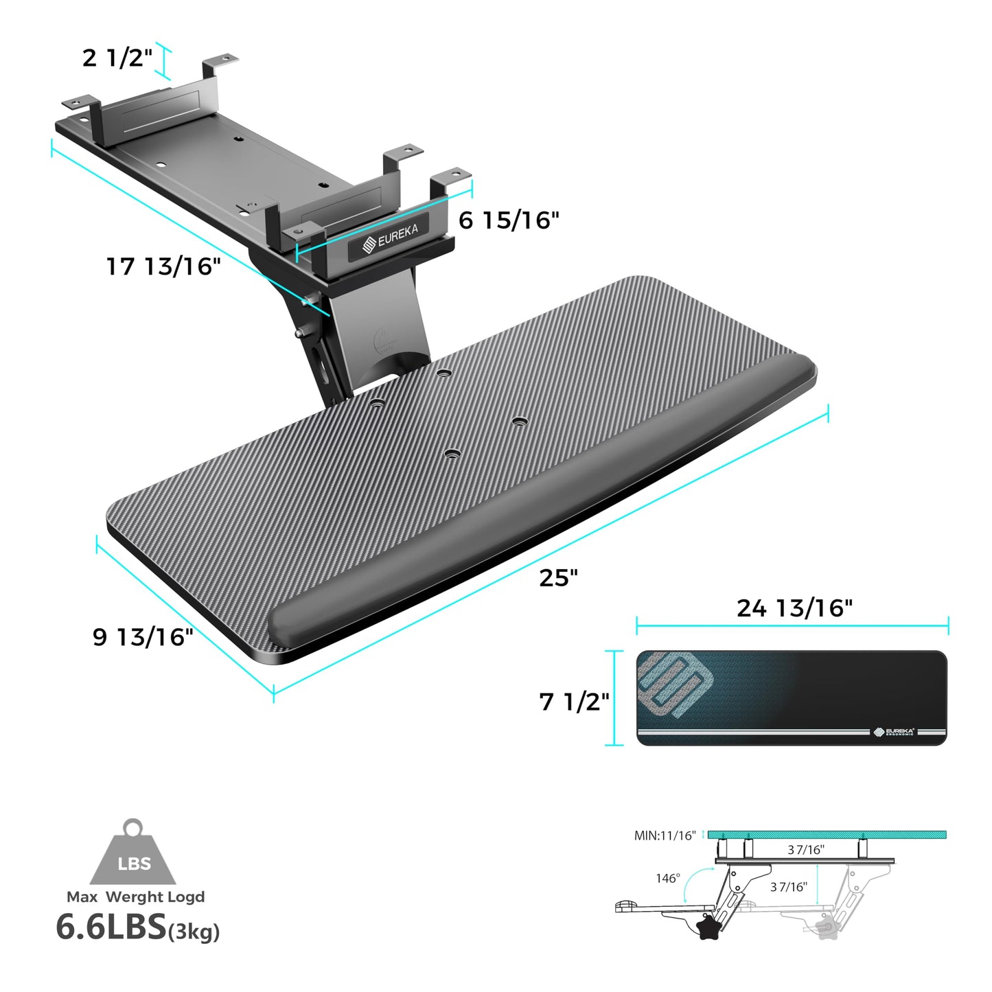 EUREKA ERGONOMIC Keyboard Tray Height Adjustable, Swivel Tilt Computer Keyboard Drawer Under Desk, 25x9.13'' Sliding Keyboard & Mouse Platform with Mouse Pad for Typing, Black