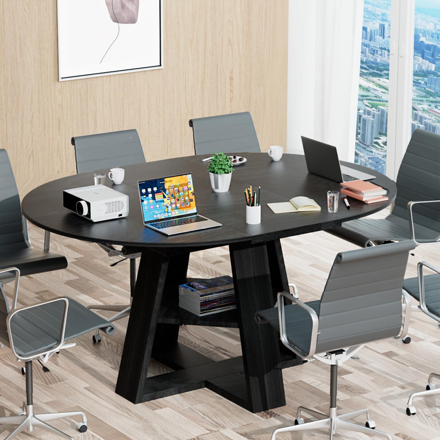 43.3in-59in Extendable Round Conference Table for 4-6 People,Wooden Oval Meeting Room Table with Removable Leaves,Space Saving,Office Table with Storage Shelf for for Office Conference Room