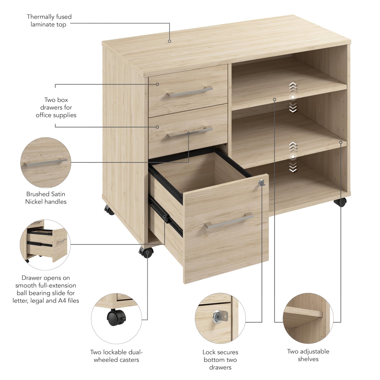 Bush Business Furniture Hustle Office Storage Cabinet with Wheels in Natural Elm, Mobile Organization Unit for Home and Professional Workspace