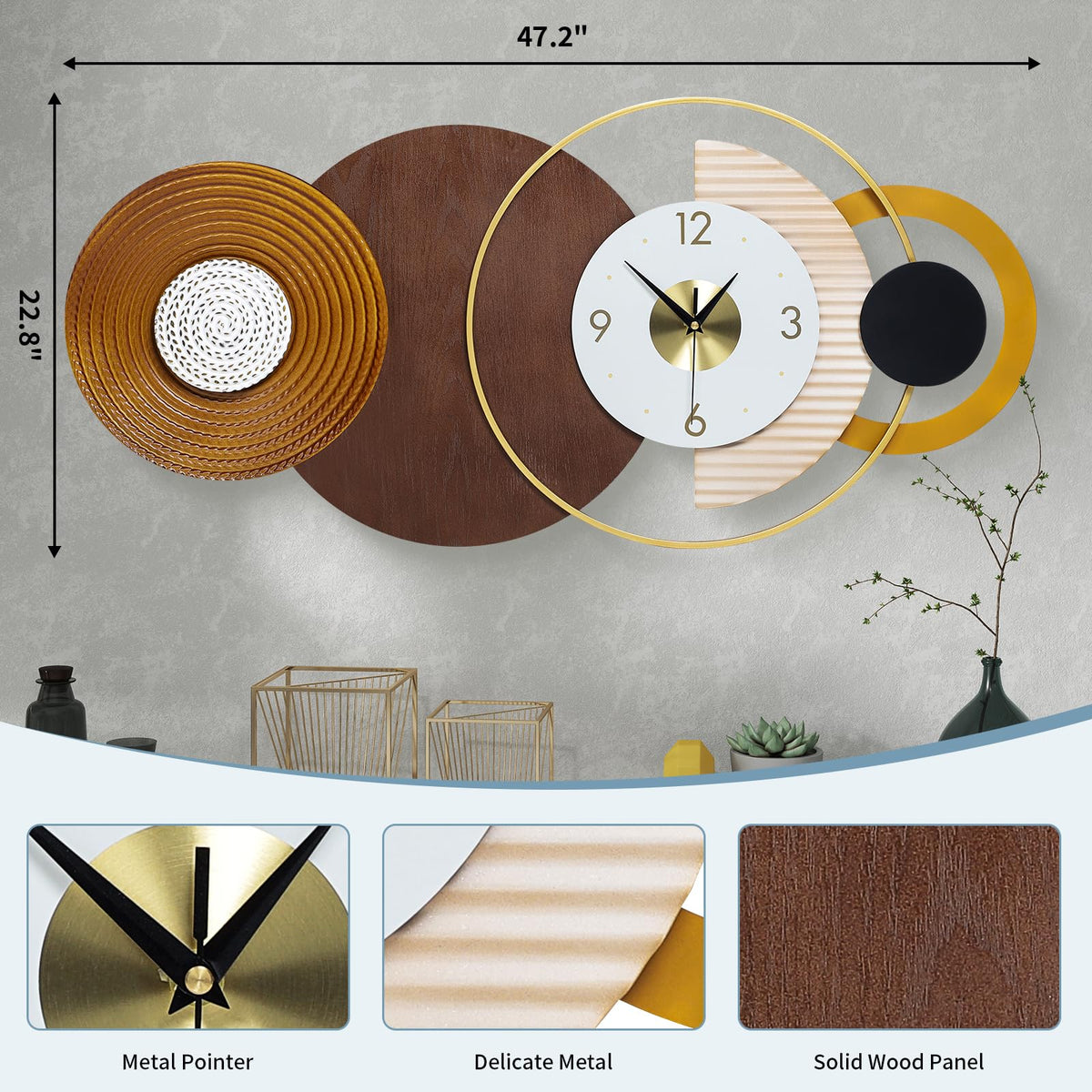 Anmotpe 47.2x22.8 inch Large Mid Century Wall Clock for Living Room, Metal & Wood Modern Brown Decorative Clocks Silent Battery Operated for Home, Office, Bedroom, Dining