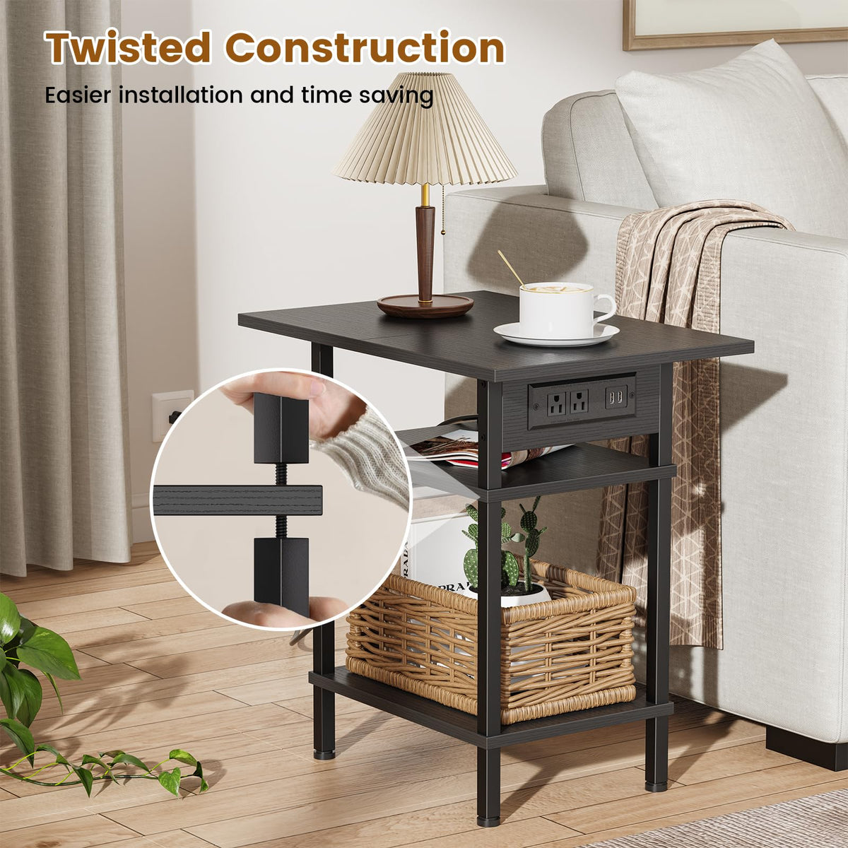 Asgolion Side Table with Charging Station, Skinny Nightstand with USB Ports and Outlets, 3 Tier Narrow End Table with Storage for Bedroom, Living Room, Office, Black