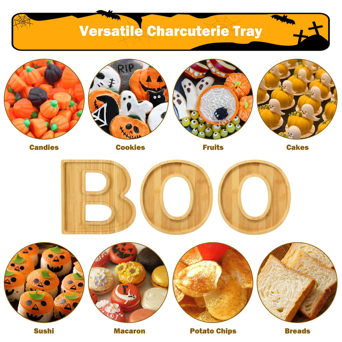 Charcuterie Board,3PCS Boo Serving Food Tray,Bamboo Wood Letter Cheese Board Platter,Christmas Party Table Decorations Serving Dishes for Kitchen Candy Cookie