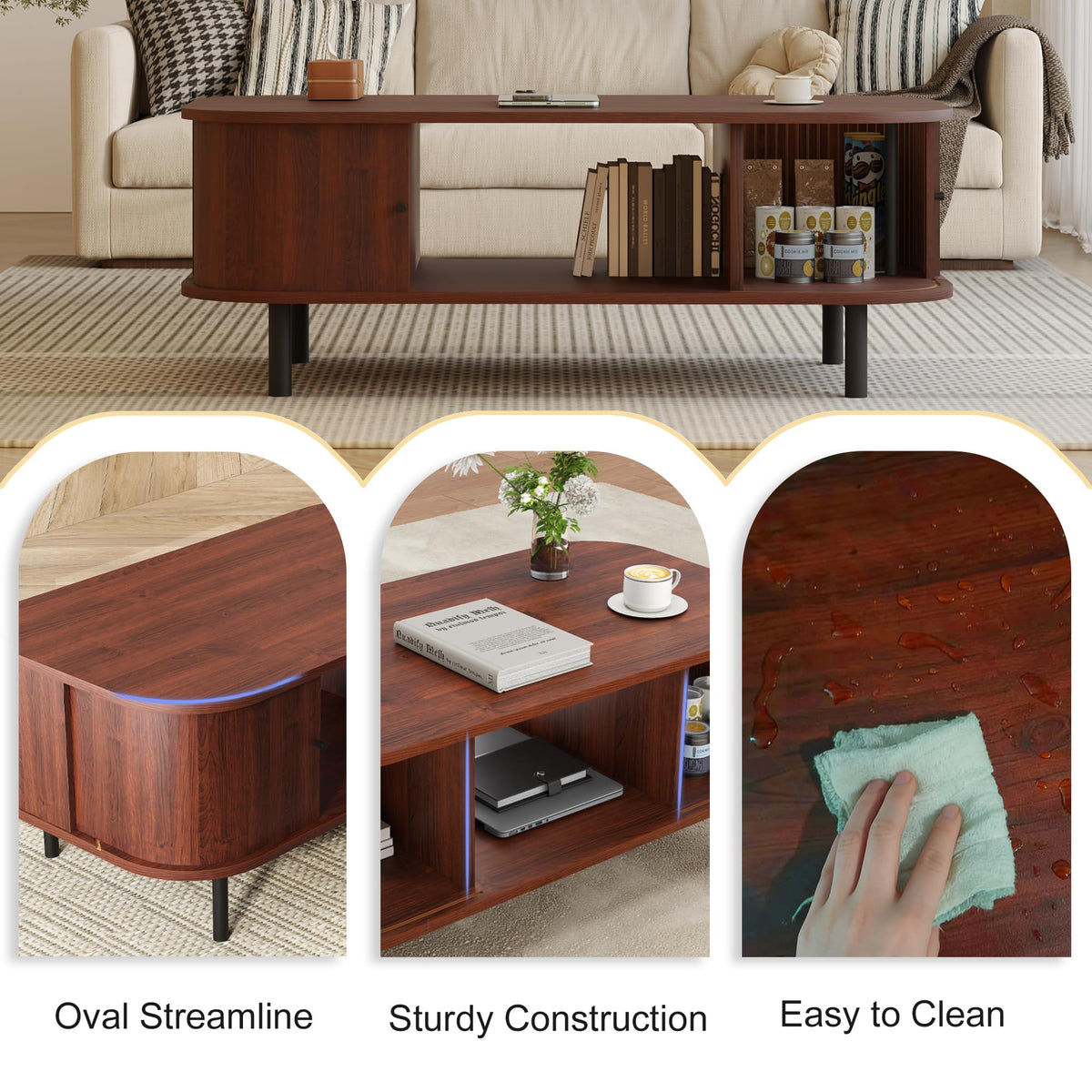 Coffee Table, 39.4" Mid Century Modern Coffee Tables for Living Room, Coffee Table with Storage Open Shelf, Fluted Table with Sliding Cabinet Door, Suitable for Living Room, Home Office, Walnut