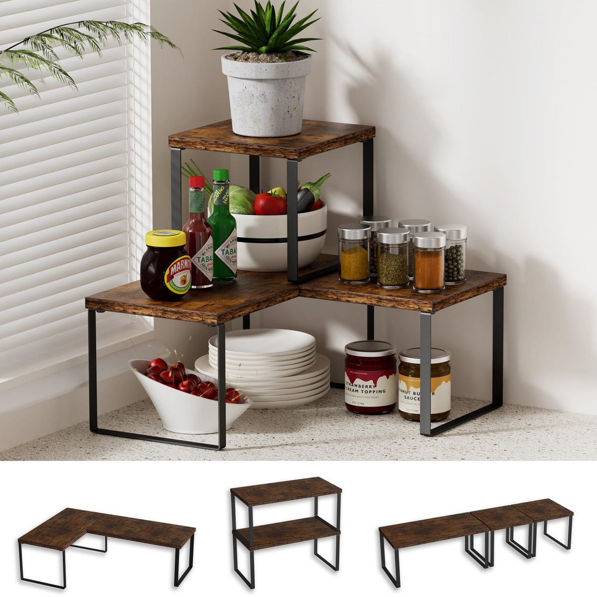 Golener Countertop Organizer Corner Shelf, 2 Tier Adjustable Stackable Corner Shelves for Kitchen, Bathroom, Spice Rack, Coffee Area, Cabinet, Dresser Table, Corner Counter Shelf Stand, Rustic Brown