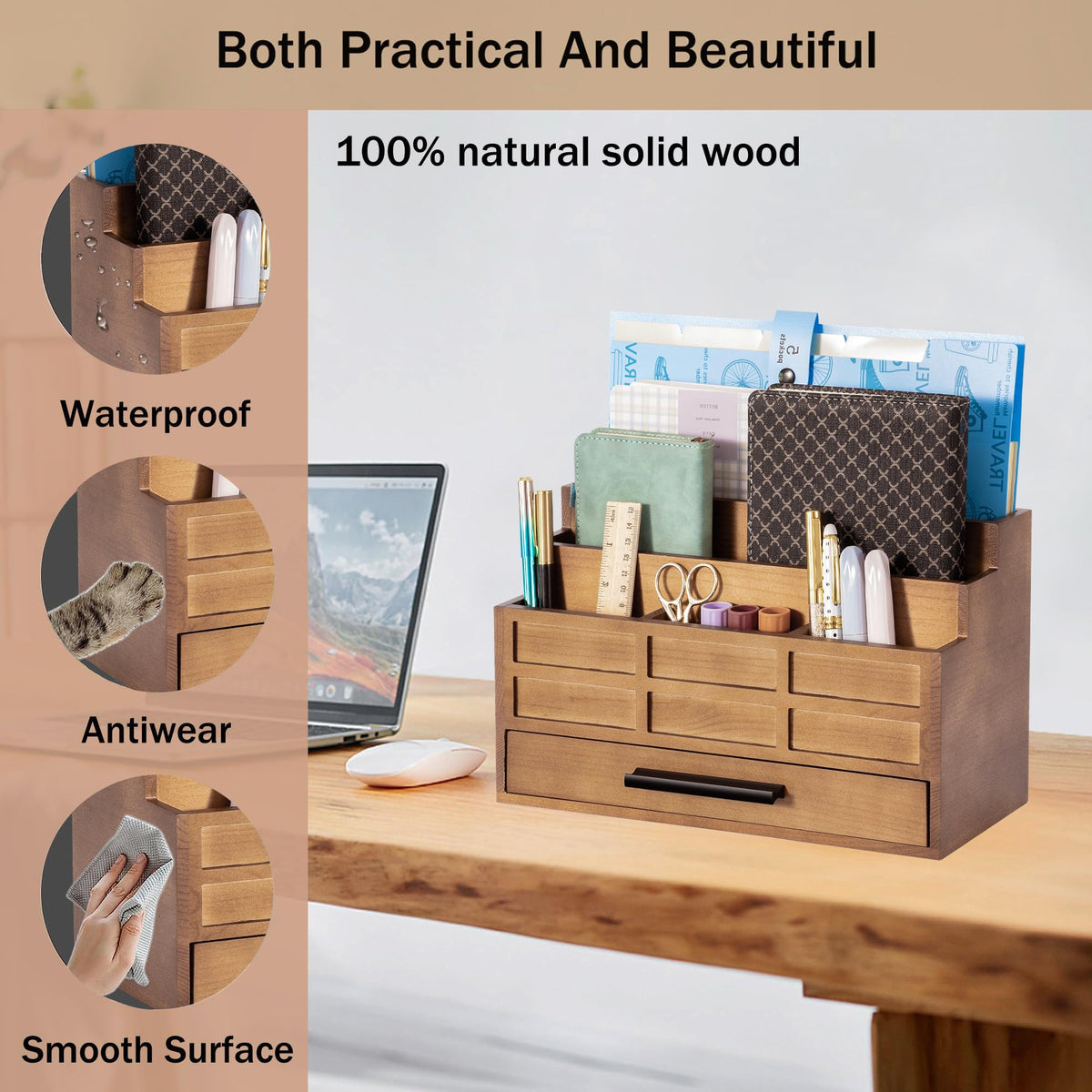 dreampossible Brown Wood Desk Organizer and Accessories with Drawer, Bill Mail Organizer and File Mail Holder for Office Supplies, Rustic Desk Accessories & Workspace Organizers