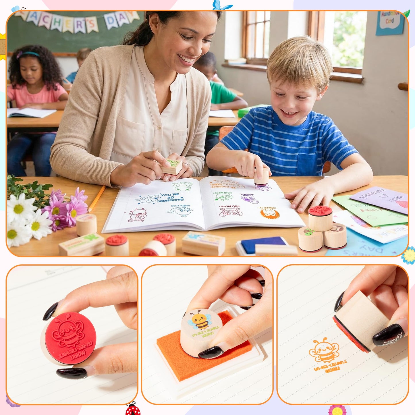 CJiangpo 15Pcs Teacher Wooden Rubber Stamps Set Cute Animal Encouraging Messages Stamps Ink Pads Teaching Print for Classroom Grading Homework Test Motivation Teacher Supplies Students Behavior Reward