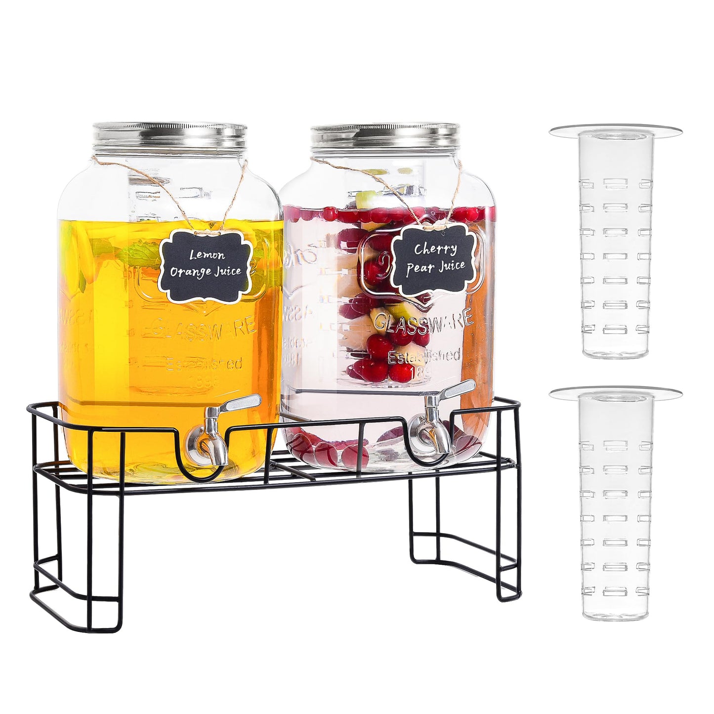 UINEAT 2 Gallon 2 PACK Glass Beverage Drink Dispensers Metal Stand and Lid,100% Leakproof Stainless Steel Spigot, Glass Water Jug Dispenser Lemonade Dispenser
