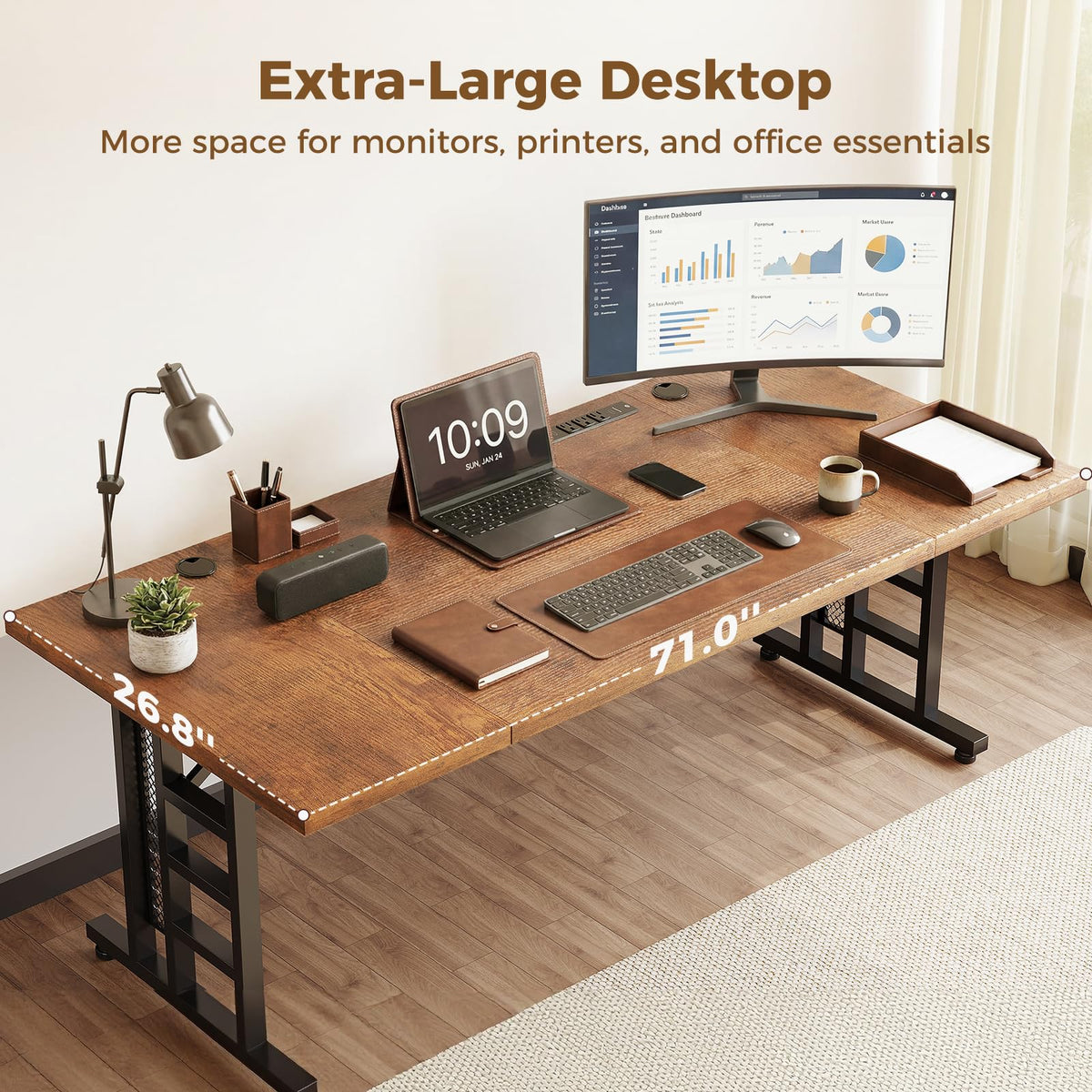 OffiGo Executive Desk, 71 Inch Office Table with Power Ports, Large Computer Desk with 3-Piece Thickened Board for Home Office, Workstation, Rustic Brown (not Adjustable)