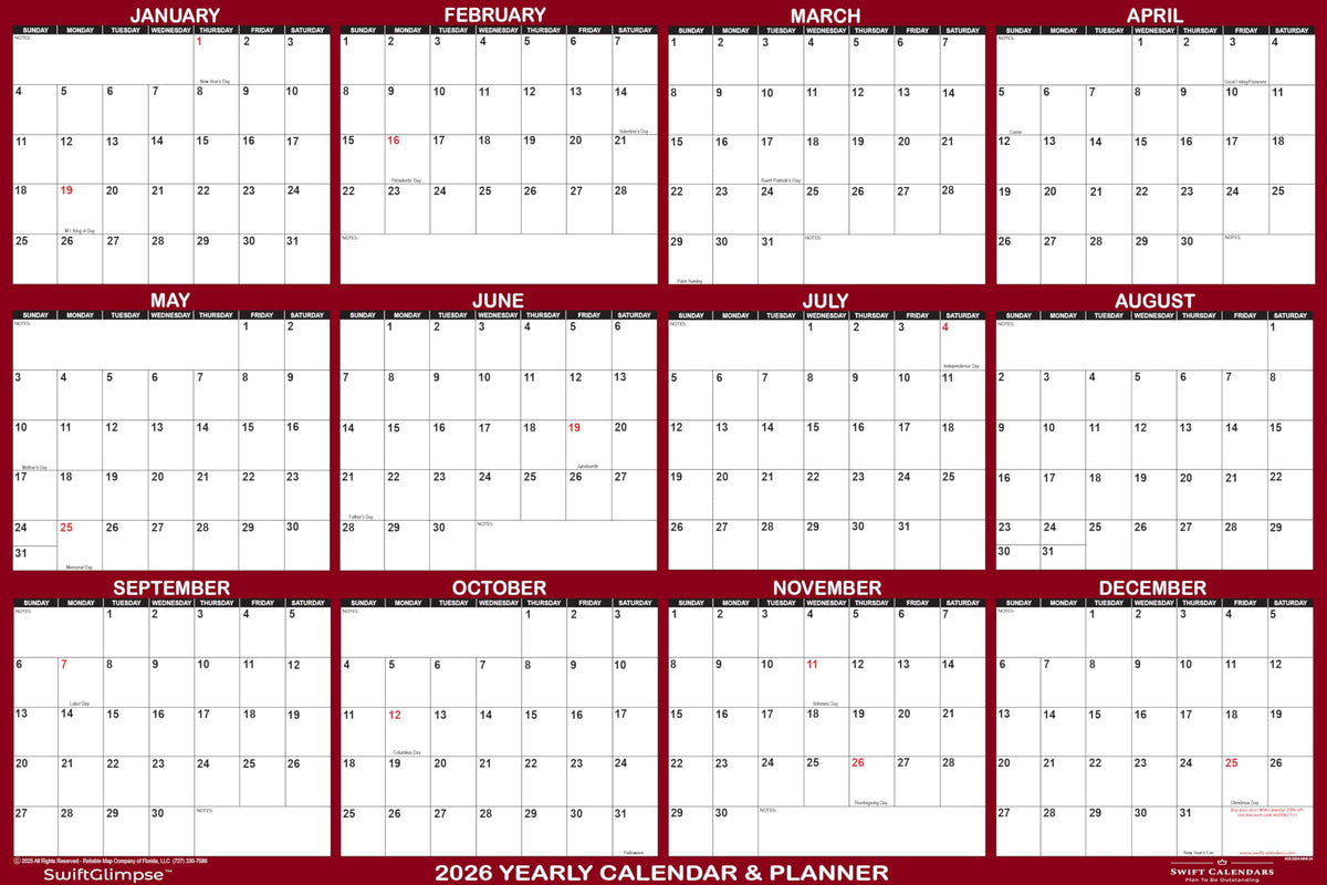 24" x 36" SwiftGlimpse 2026 Wall Calendar Erasable Large Wet & Dry Erase Laminated 12 Month Annual Yearly Wall Planner, Reversible, Horizontal/Vertical, Maroon