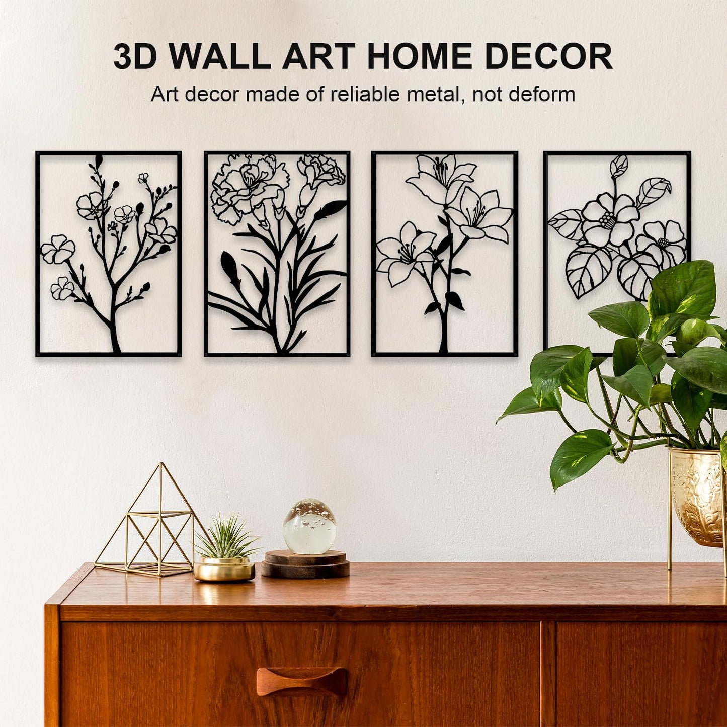 ZNZAPO 4 Pcs Black Metal Flower Wall Art, Abstract Line Art Wall Decor, Minimalist Floral Wall Hanging Art, 3d Wall Art Sculptures Decor for Living Room Bedroom Bathroom (11 × 15.7”)
