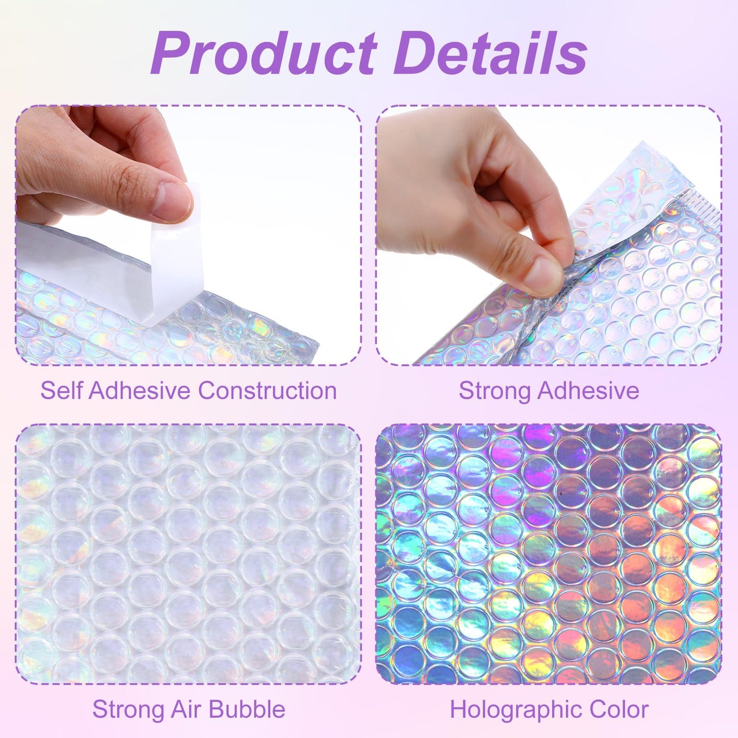 50 Pack Bubble Mailers, Holographic Bubble Mailers with 3 Sizes, Waterproof Self Seal Adhesive Foil Glitter Glamour Shipping Bags for Mailing, Packing, Small Business, Jewelry Makeup Supplies