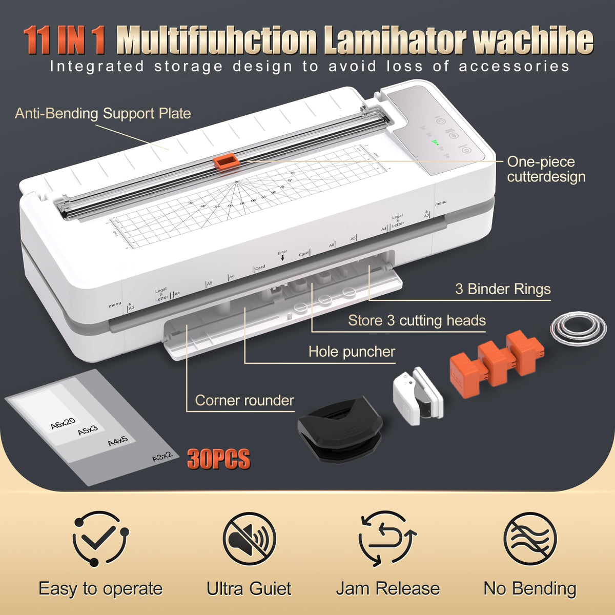 Commercial Laminator Machine 13 Inch 4-Roller, 55s Fast Warm-Up Never-Jam Lamination Machine, 3-10 Mil Thickness, Supports 11x17 & A3 Document Laminating, Includes 30 Laminating Sheets White